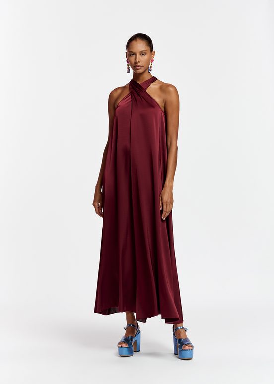 Robe maxi bordeaux à encolure américaine