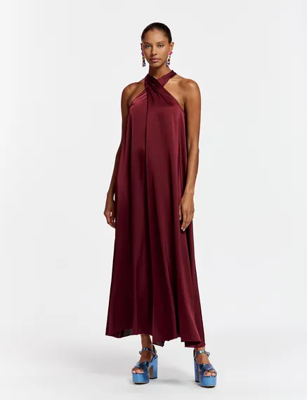 Robe maxi bordeaux à encolure américaine