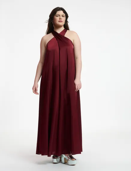 Robe maxi bordeaux à encolure américaine