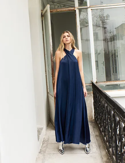 Navy blue halter neck maxi-length dress