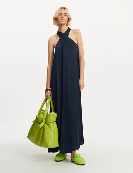 Navy blue halter neck maxi-length dress