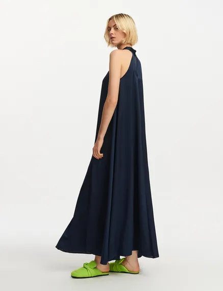 Navy blue halter neck maxi-length dress