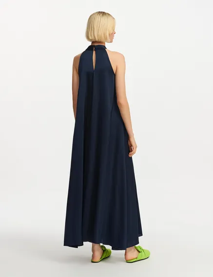 Marineblauwe maxi-jurk met halternek