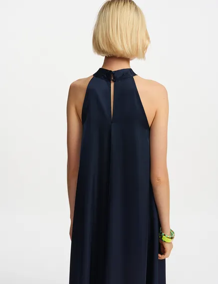 Navy blue halter neck maxi-length dress