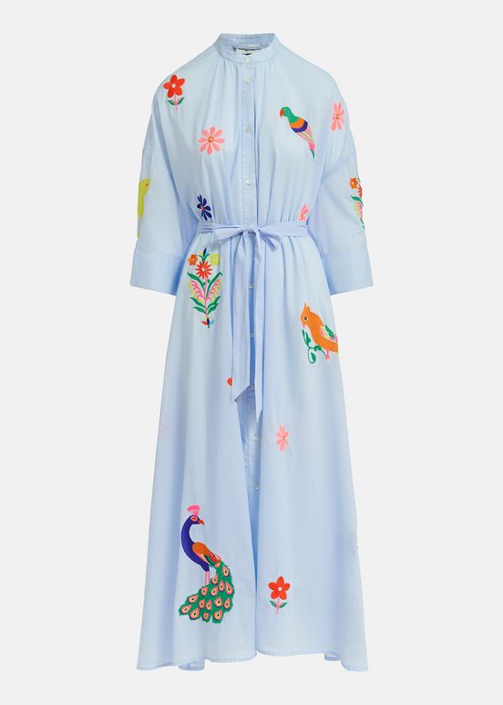 Light blue cotton maxi-length dress with embroideries