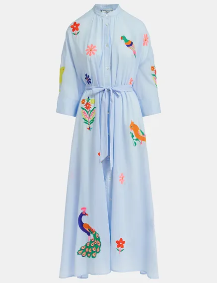 Light blue cotton maxi-length dress with embroideries