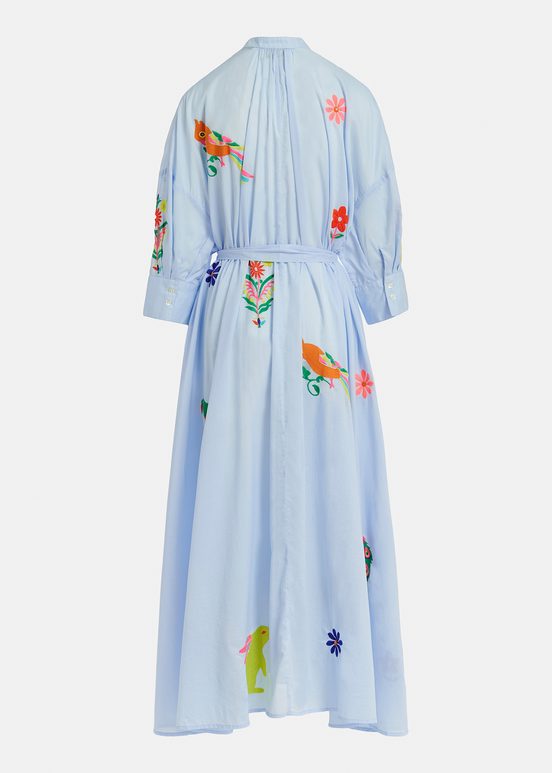 Light blue cotton maxi-length dress with embroideries