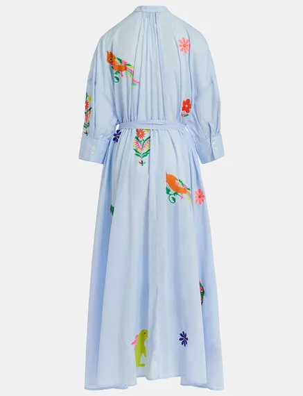 Light blue cotton maxi-length dress with embroideries