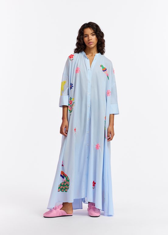 Light blue cotton maxi-length dress with embroideries