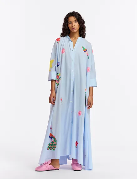 Light blue cotton maxi-length dress with embroideries