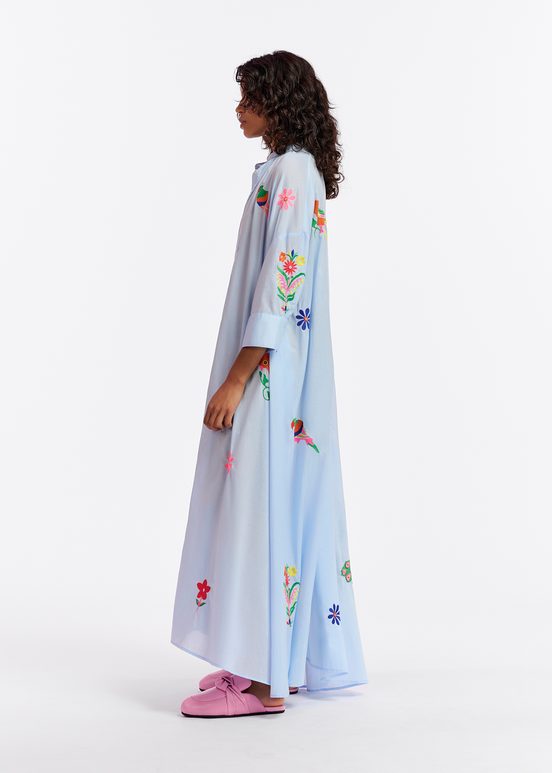 Light blue cotton maxi-length dress with embroideries