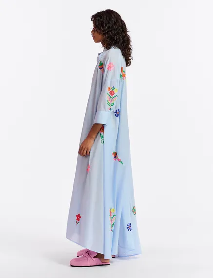 Light blue cotton maxi-length dress with embroideries