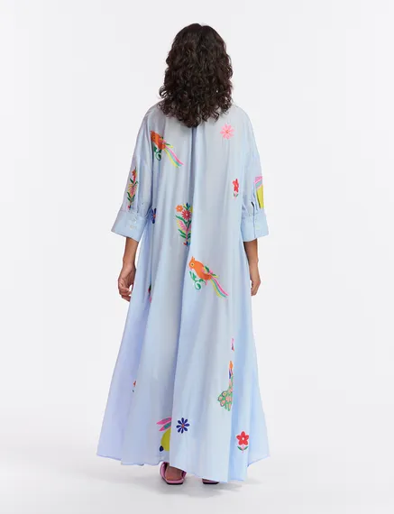 Light blue cotton maxi-length dress with embroideries