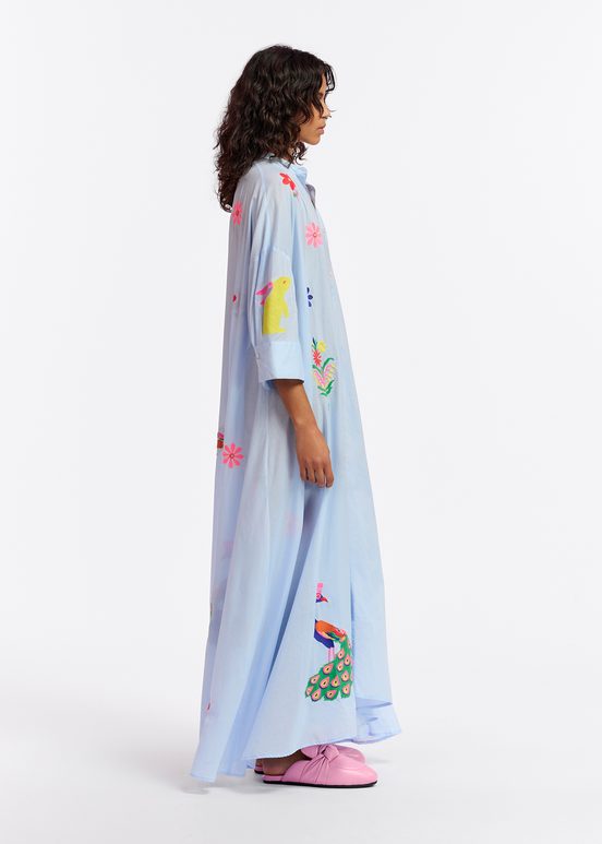 Light blue cotton maxi-length dress with embroideries