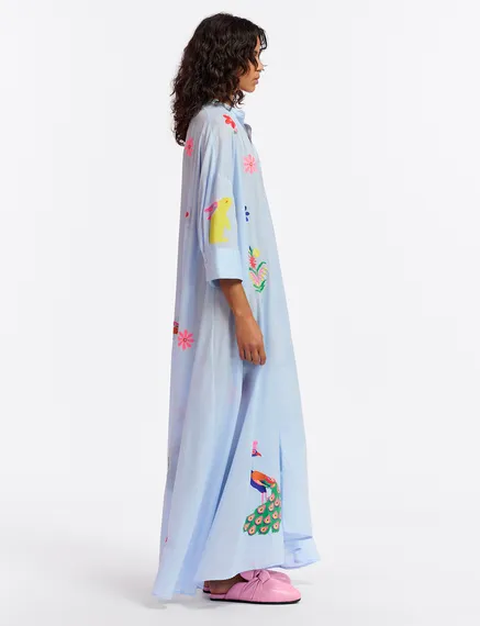 Light blue cotton maxi-length dress with embroideries