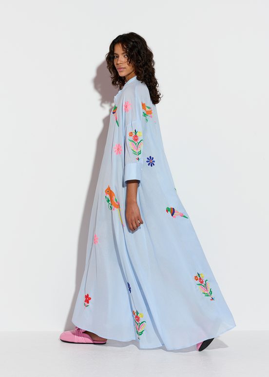 Light blue cotton maxi-length dress with embroideries