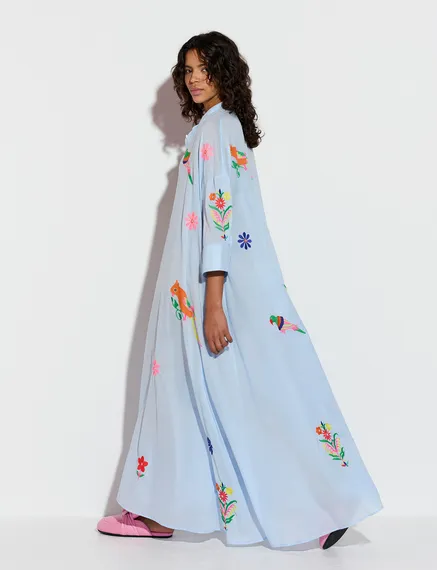 Light blue cotton maxi-length dress with embroideries