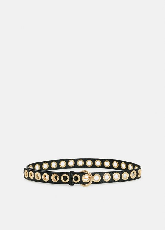 Black recycled leather eyelet-embellished belt