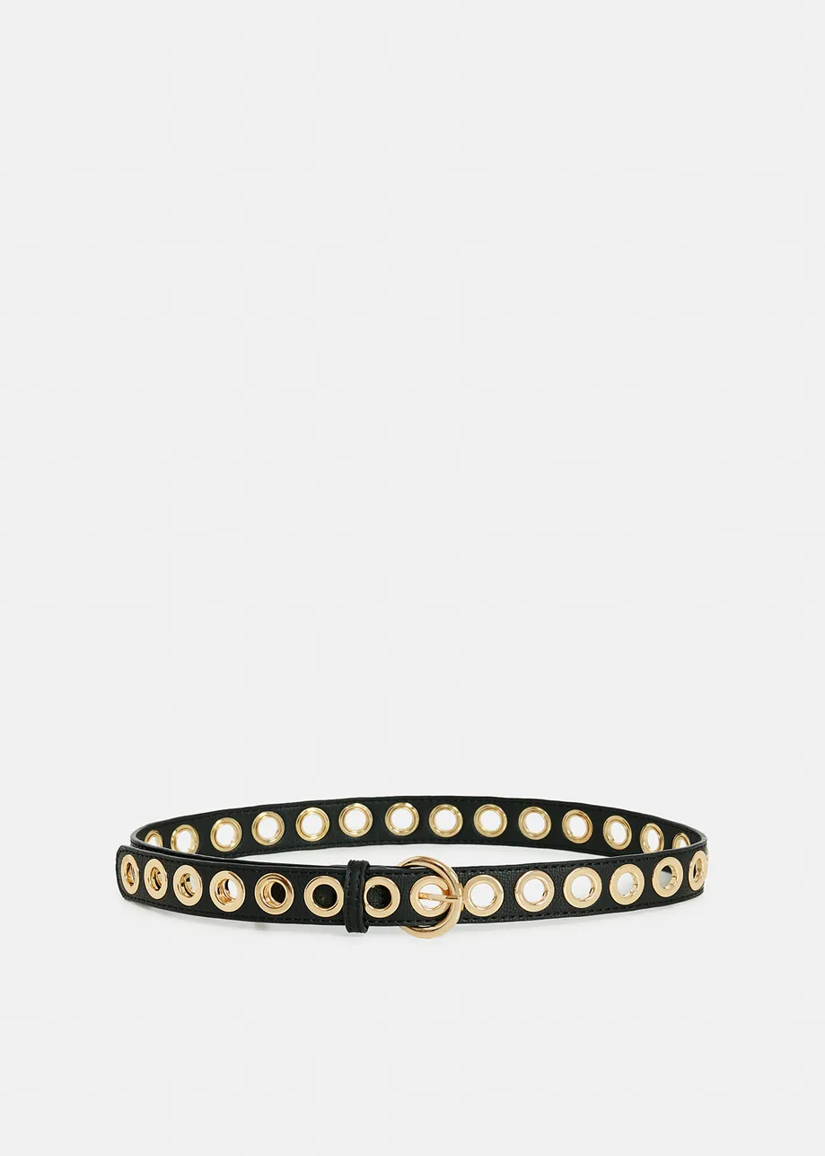 Black recycled leather eyelet-embellished belt