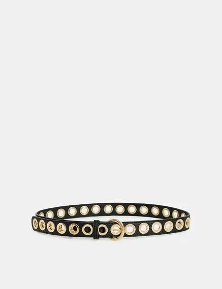 Black recycled leather eyelet-embellished belt