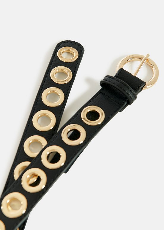 Black recycled leather eyelet-embellished belt