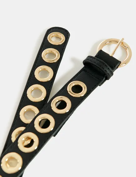 Black recycled leather eyelet-embellished belt