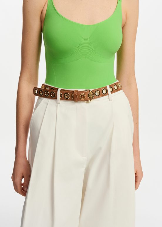 Brown recycled leather eyelet-embellished belt