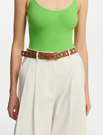 Brown recycled leather eyelet-embellished belt