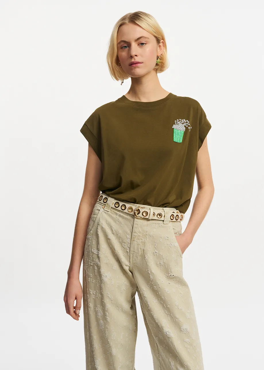 Ecru recycled leather eyelet-embellished belt