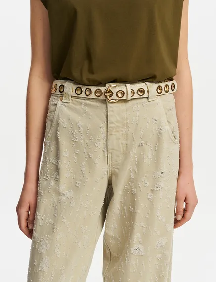 Ecru recycled leather eyelet-embellished belt