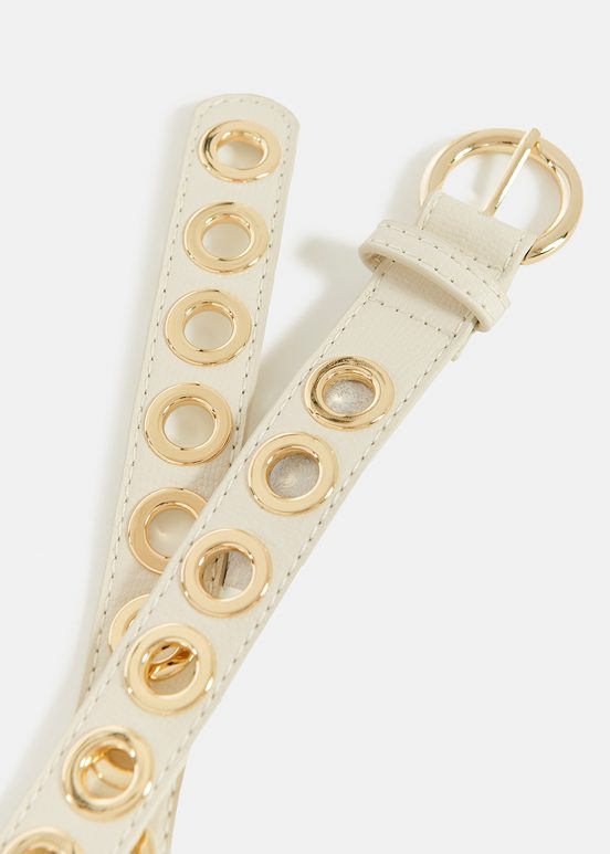 Ecru recycled leather eyelet-embellished belt