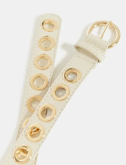 Ecru recycled leather eyelet-embellished belt