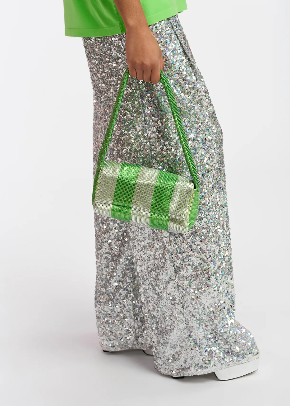 Green and silver striped chainmail shoulder bag | Essentiel 