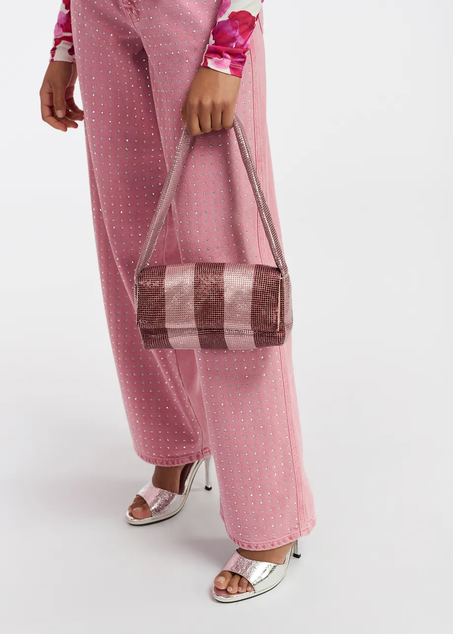 Burgundy and light pink striped chainmail shoulder bag