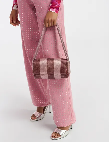 Burgundy and light pink striped chainmail shoulder bag