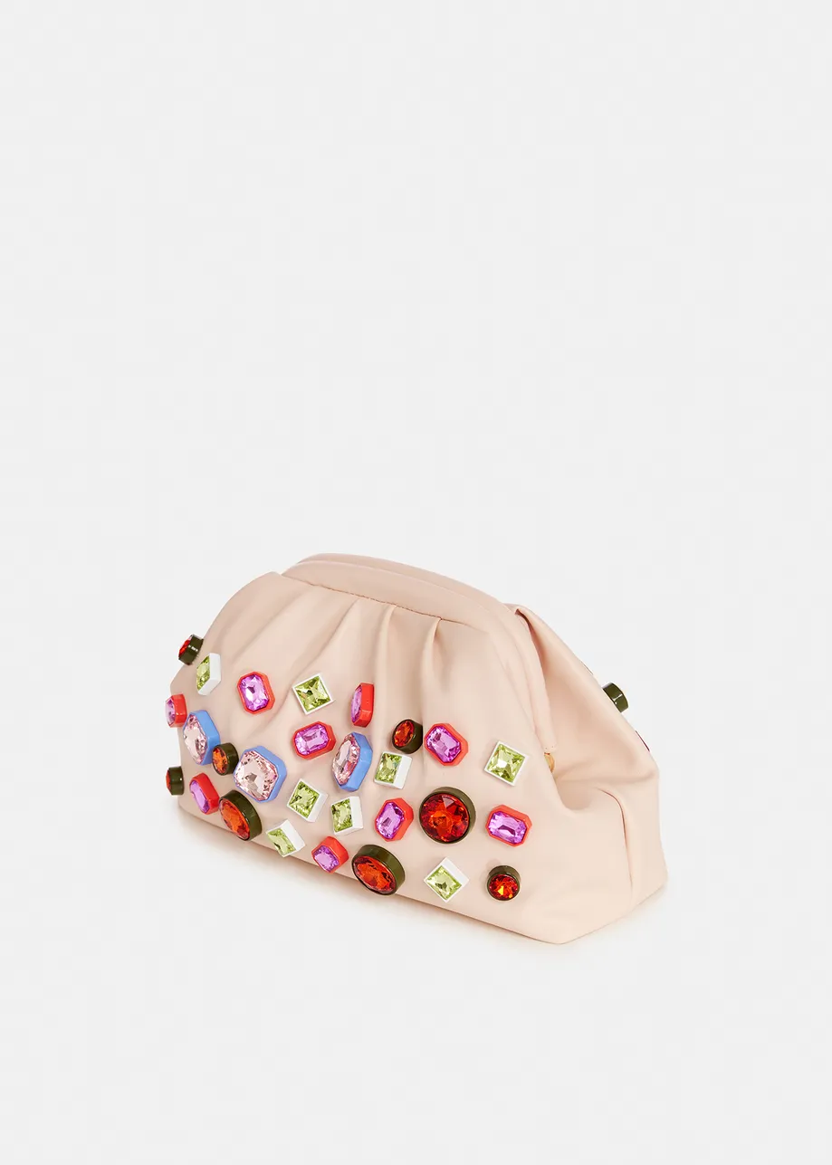 Ecru pouch with rhinestone embellishments