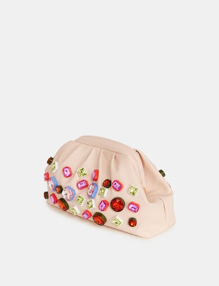 Ecru pouch with rhinestone embellishments