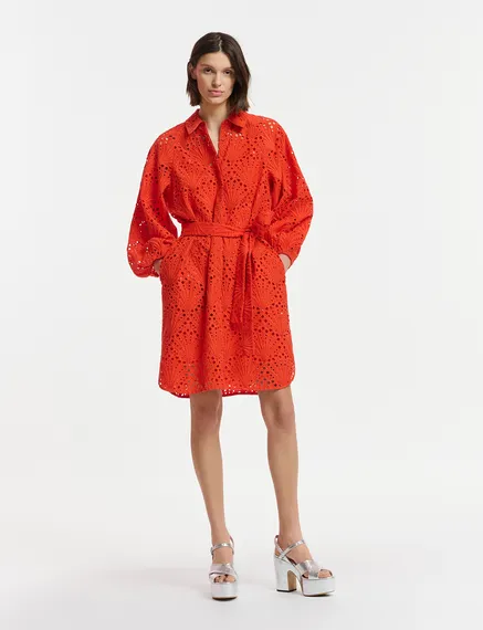 Red broderie anglaise cotton knee-length dress