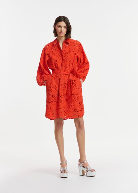 Red broderie anglaise cotton knee-length dress