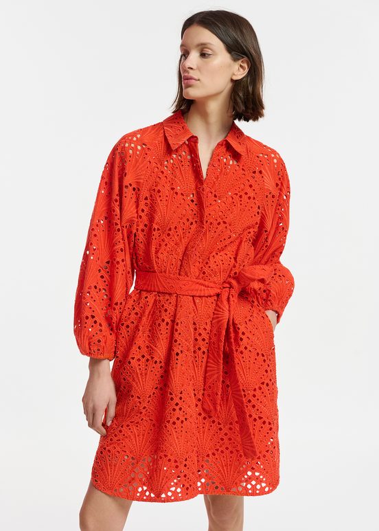 Red broderie anglaise cotton knee-length dress