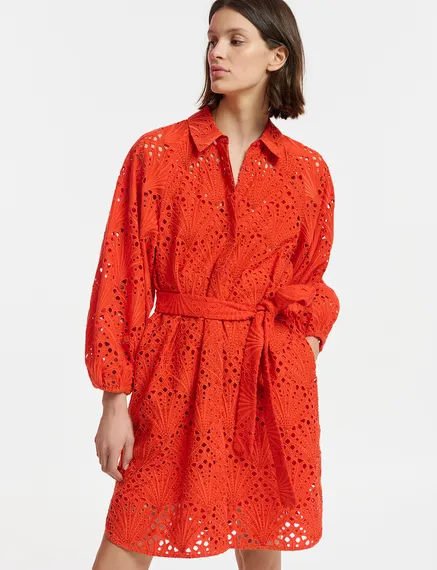 Red broderie anglaise cotton knee-length dress