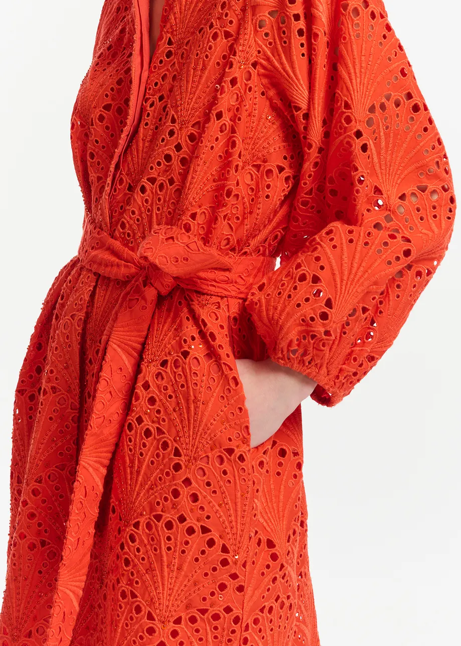 Red broderie anglaise cotton knee-length dress