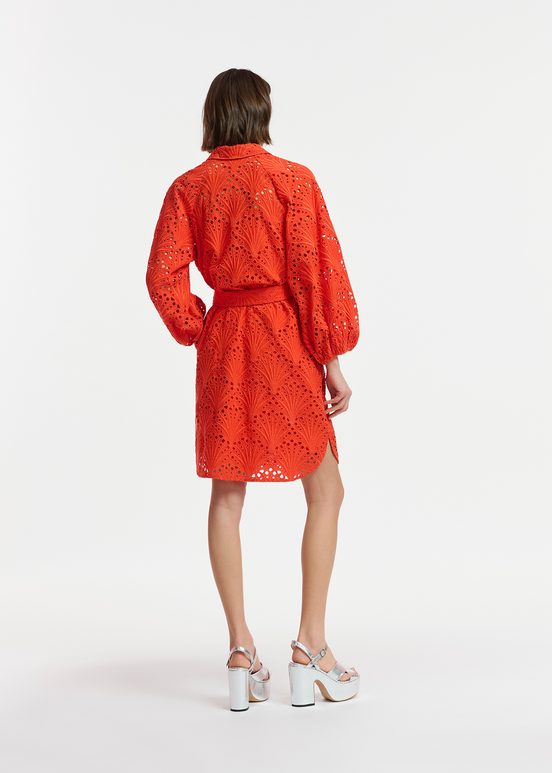 Red broderie anglaise cotton knee-length dress