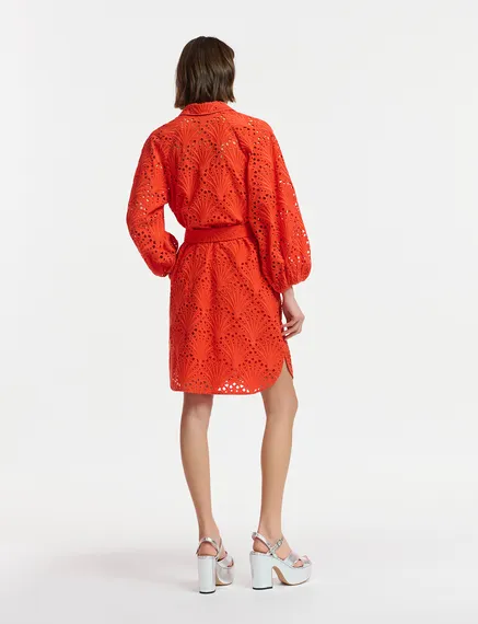 Red broderie anglaise cotton knee-length dress