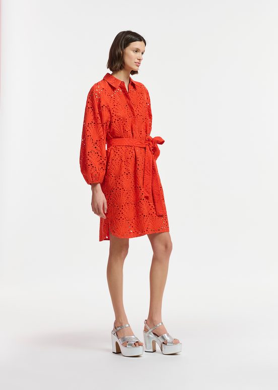 Red broderie anglaise cotton knee-length dress