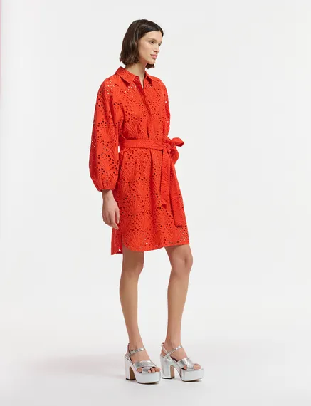 Red broderie anglaise cotton knee-length dress