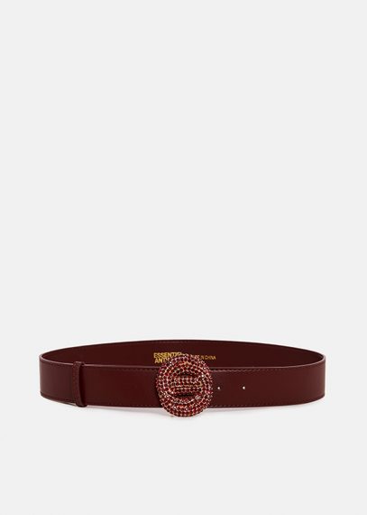 Burgundy belt with rhinestone-embellished buckle