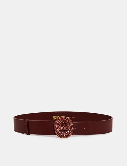 Burgundy belt with rhinestone-embellished buckle