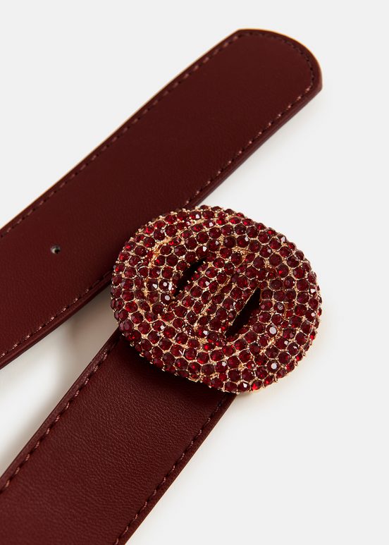 Burgundy belt with rhinestone-embellished buckle