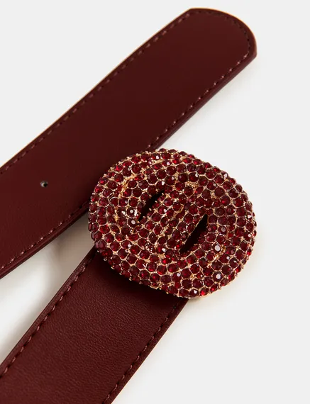 Burgundy belt with rhinestone-embellished buckle